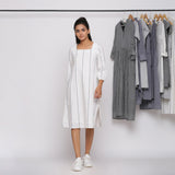 White Striped Handspun Cotton Knee Length Slit Shift Dress