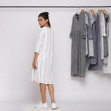 White Striped Handspun Cotton Knee Length Slit Shift Dress