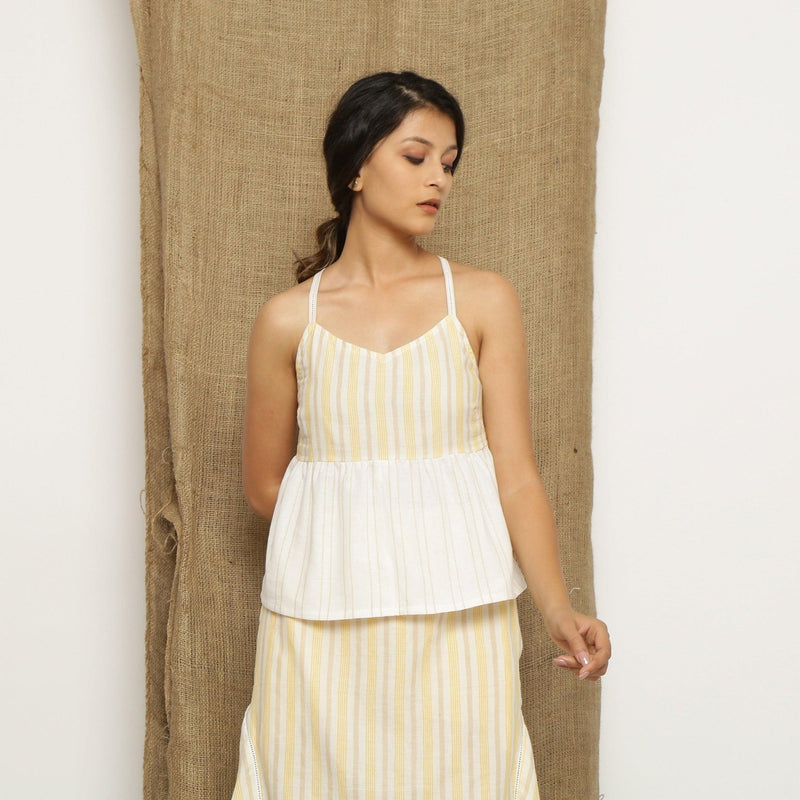 White Striped Handspun Cotton Lace Gathered Camisole Top