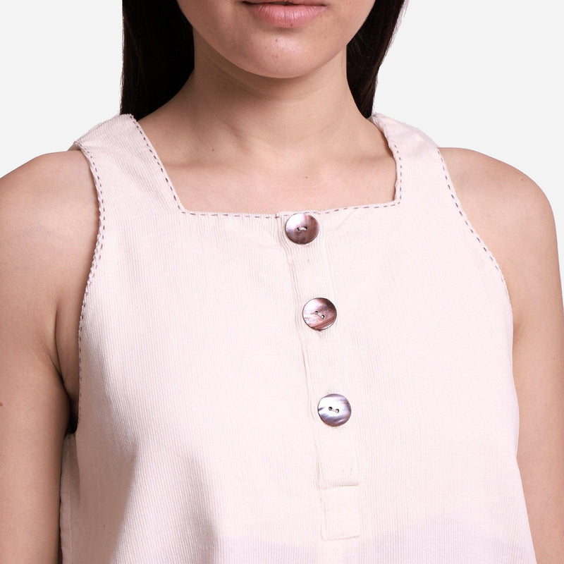 Front Detail of a Model wearing White Warm Cotton Corduroy a-Line Short Dress