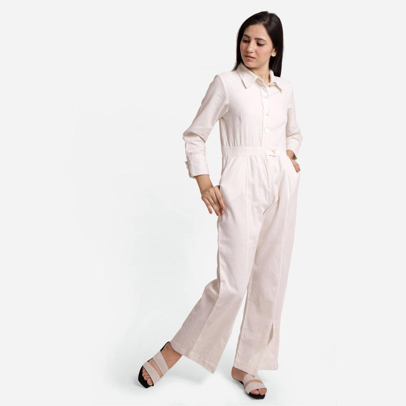 Right View of a Model wearing White Cotton Corduroy Regular Fit Overalls