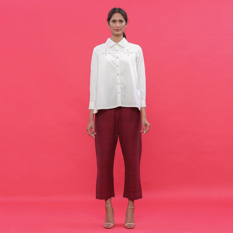 Front View of a Model wearing White Warm Cotton Corduroy Hand-Beaded Shirt