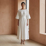 White Warm Cotton Flannel Boat Neck Maxi Dress with Kimono Sleeves