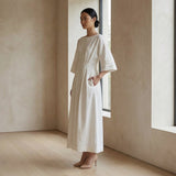 White Warm Cotton Flannel Boat Neck Maxi Dress with Kimono Sleeves