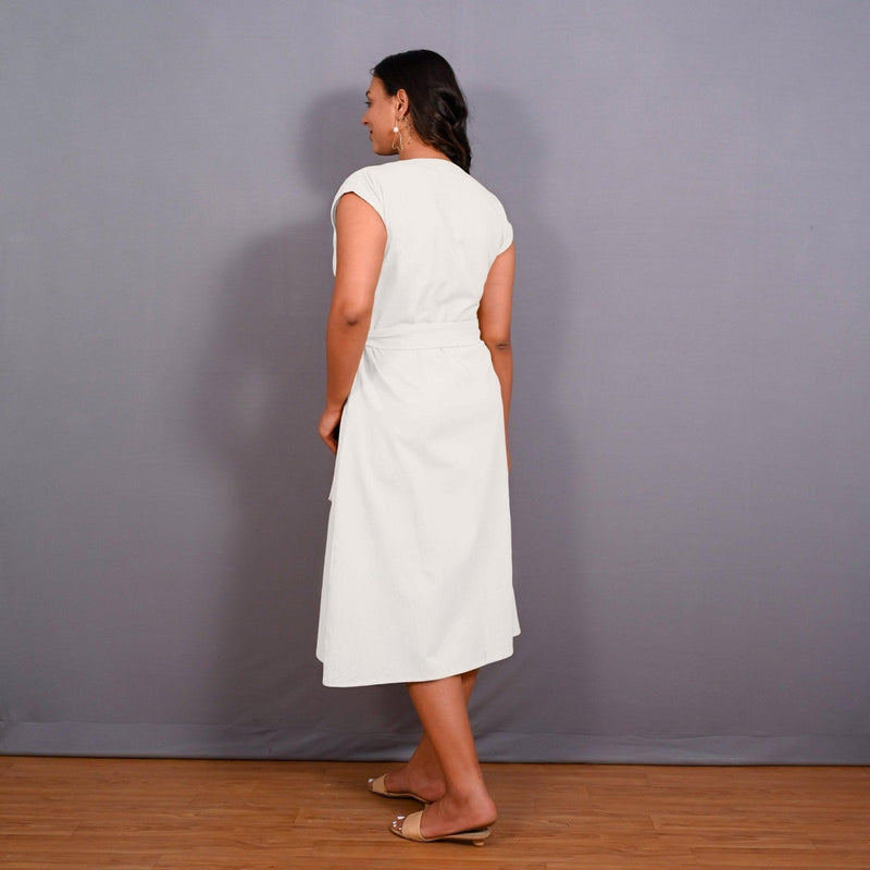 White Warm Cotton Flannel Button-Down A-Line Midi Dress