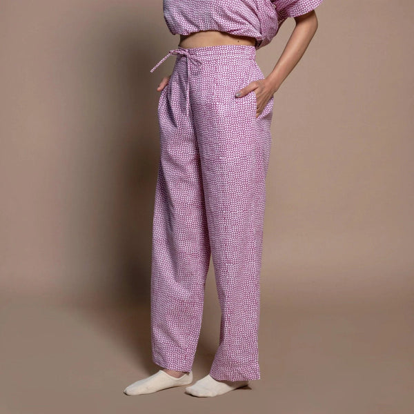 Left View of a Model wearing Wine 100% Cotton Block Printed High-Rise Pant