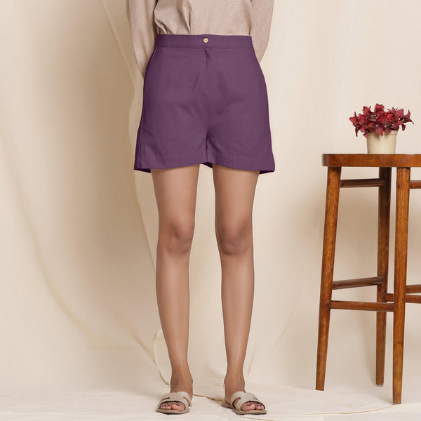 Front View of a Model wearing Wine 100% Cotton Flannel Warm High-Rise Shorts