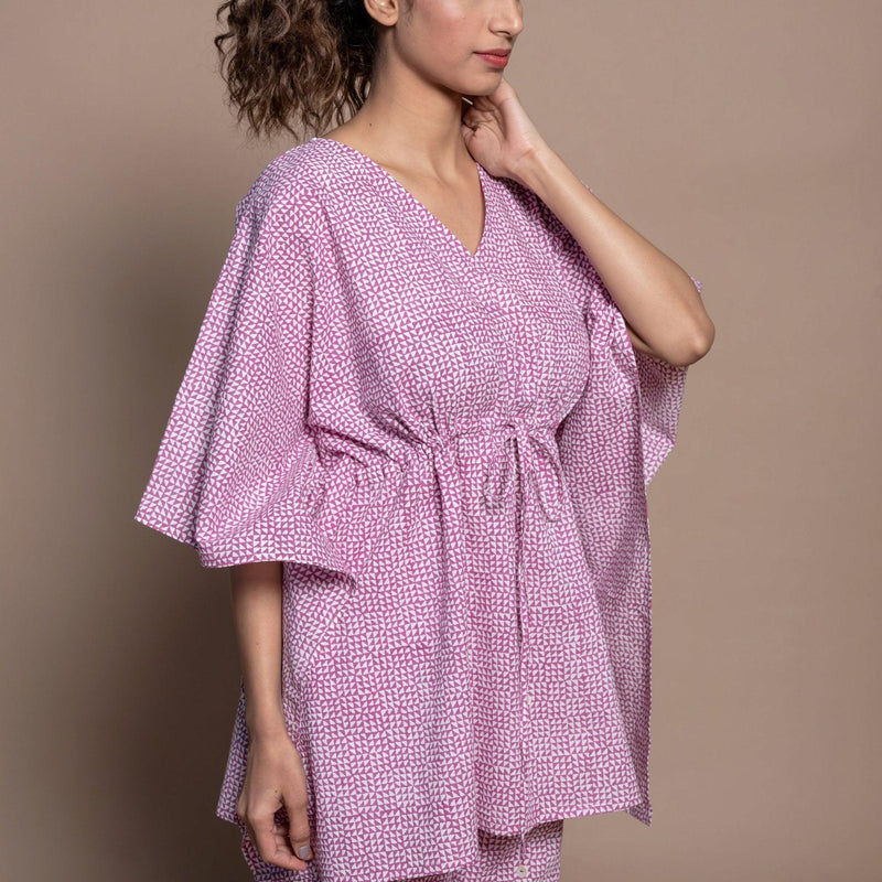 Front Detail of a Model wearing Wine Cotton Hand Block Print Kaftan Top