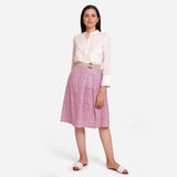 Front View of a Model wearing Wine Block Print Cotton Knee Length Pleated Skirt