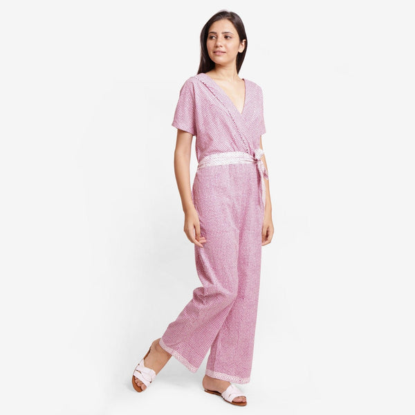 Right View of a Model wearing Wine Hand Block Print Straight Jumpsuit