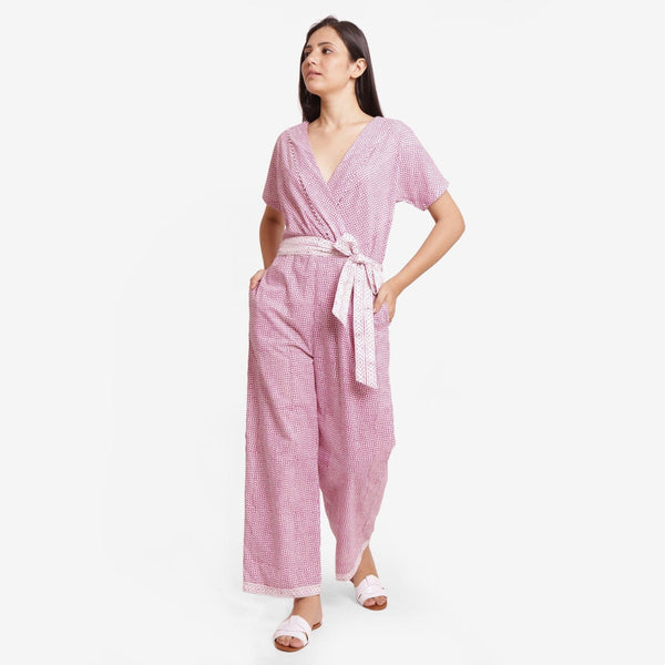 Front View of a Model wearing Wine Hand Block Print Straight Jumpsuit