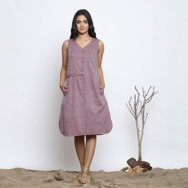 Front View of a Model wearing Handspun Cotton Wine Sleeveless Shirt Dress