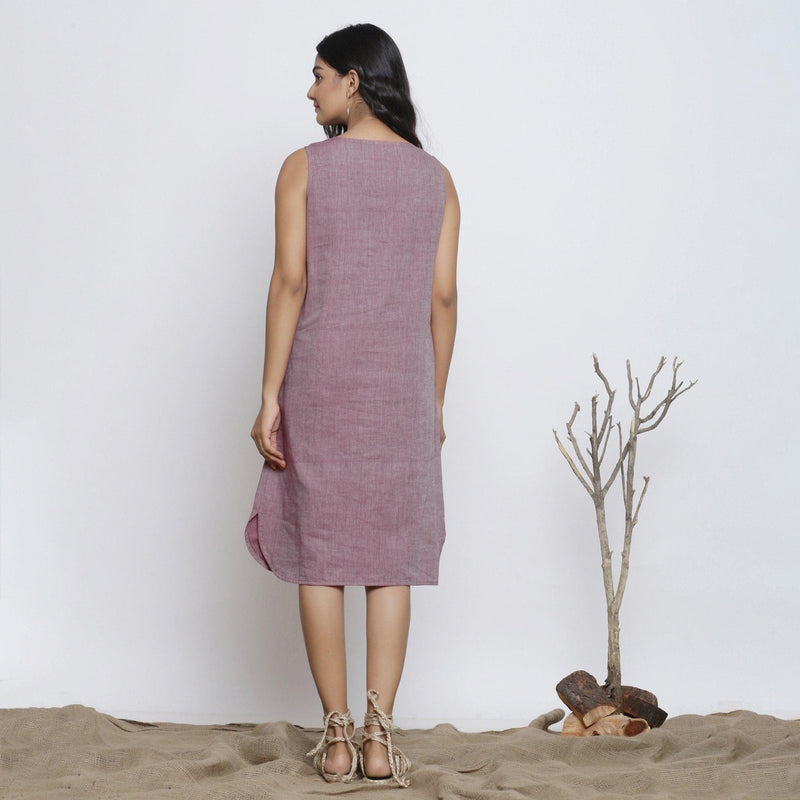 Back View of a Model wearing Handspun Cotton Wine Sleeveless Shirt Dress