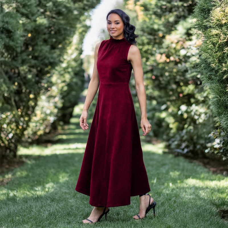 Wine Cotton Corduroy High-Neck Sleeveless Slit Dress 46" / Petite (5'1" and below) Wine Cotton Corduroy High-Neck Sleeveless Slit Dress 46" / Petite (5'1" and below)