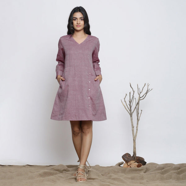 Front View of a Model wearing Wine Handspun Button-Down A-Line Dress