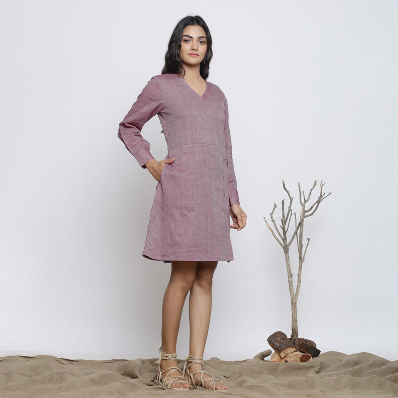 Right View of a Model wearing Wine Handspun Button-Down A-Line Dress