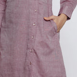 Front Detail of a Model wearing Wine Handspun Button-Down A-Line Dress