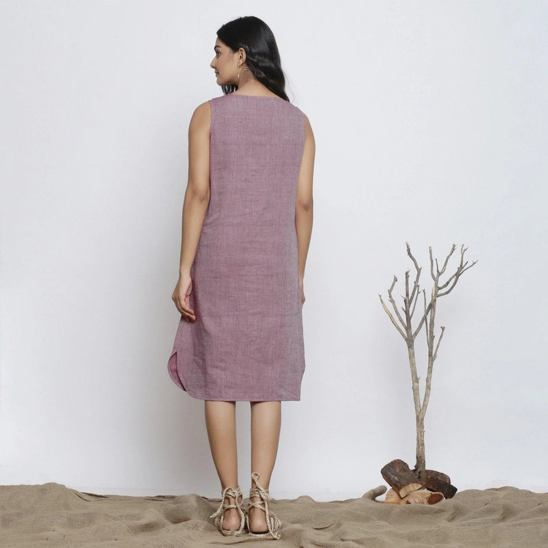 Back View of a Model wearing Wine Cotton Muslin Knee Length V-Neck Shirt Dress