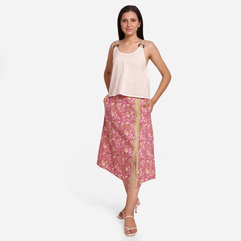 Front View of a Model wearing Wine Floral Block Printed Cotton Midi Slit Skirt