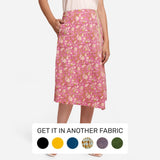 Front View of a Model wearing Wine Floral Block Printed Cotton Midi Slit Skirt