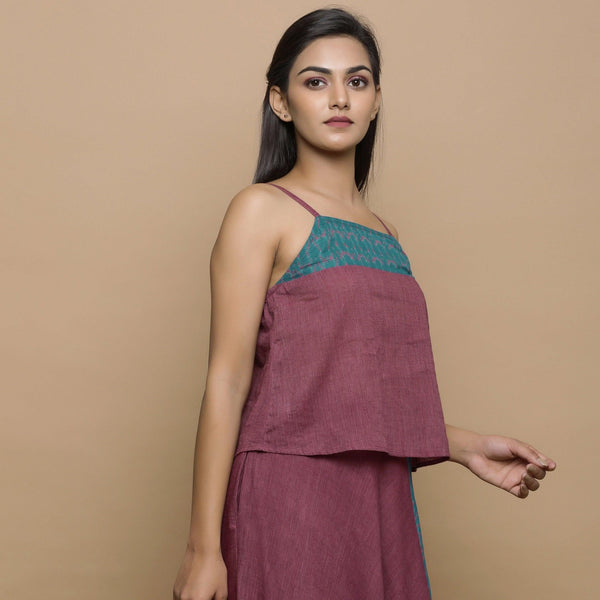 Wine Handwoven Ikat Cotton A-Line Spaghetti Top