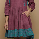 Wine Handwoven Ikat Cotton Frilled Gathered Short Dress