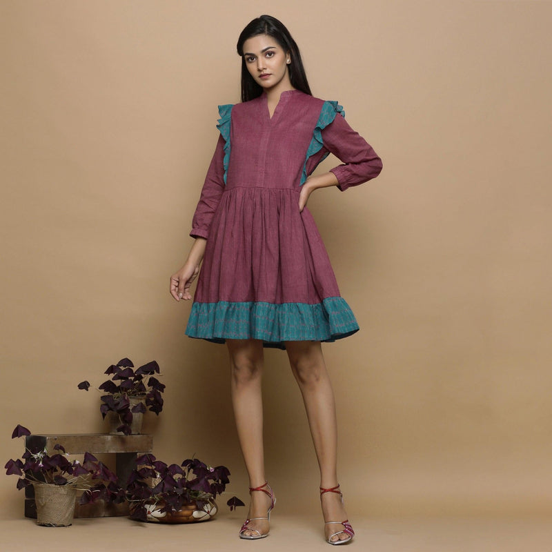 Wine Handwoven Ikat Cotton Frilled Gathered Short Dress