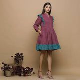 Wine Handwoven Ikat Cotton Frilled Gathered Short Dress