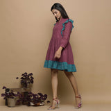 Wine Handwoven Ikat Cotton Frilled Gathered Short Dress