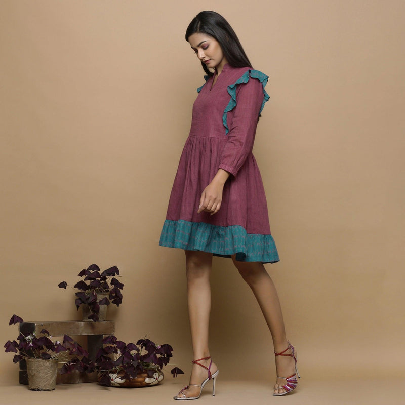 Wine Handwoven Ikat Cotton Frilled Gathered Short Dress