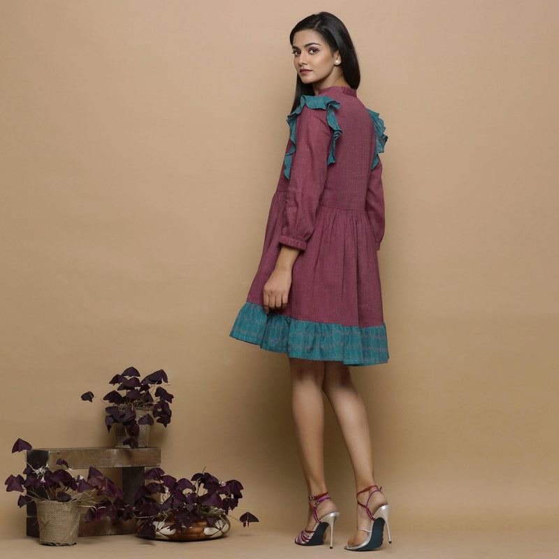 Wine Handwoven Ikat Cotton Frilled Gathered Short Dress