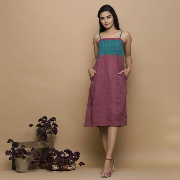 Wine Ikat Handspun Cotton Knee Length Gathered Camisole Dress