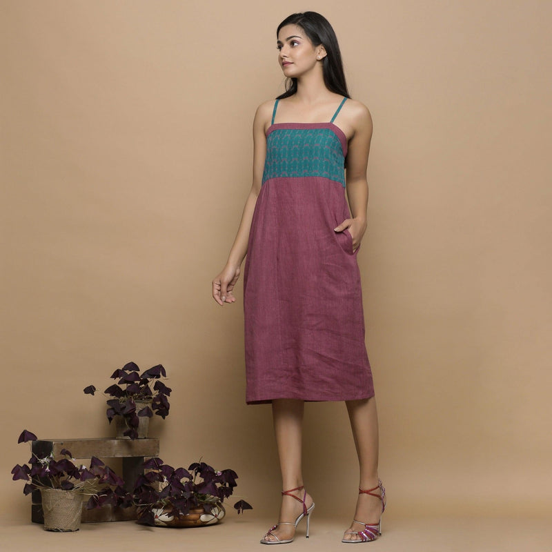 Wine Ikat Handspun Cotton Knee Length Gathered Camisole Dress