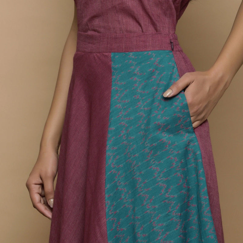 Wine Ikat Handwoven Cotton Elasticated Flared Midi Skirt