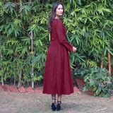 Wine Warm Cotton Corduroy Deep Neck Midi Wrap Dress