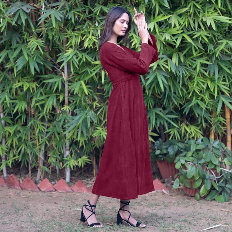 Buy Wine Warm Cotton Corduroy Deep Neck Midi Wrap Dress Online at