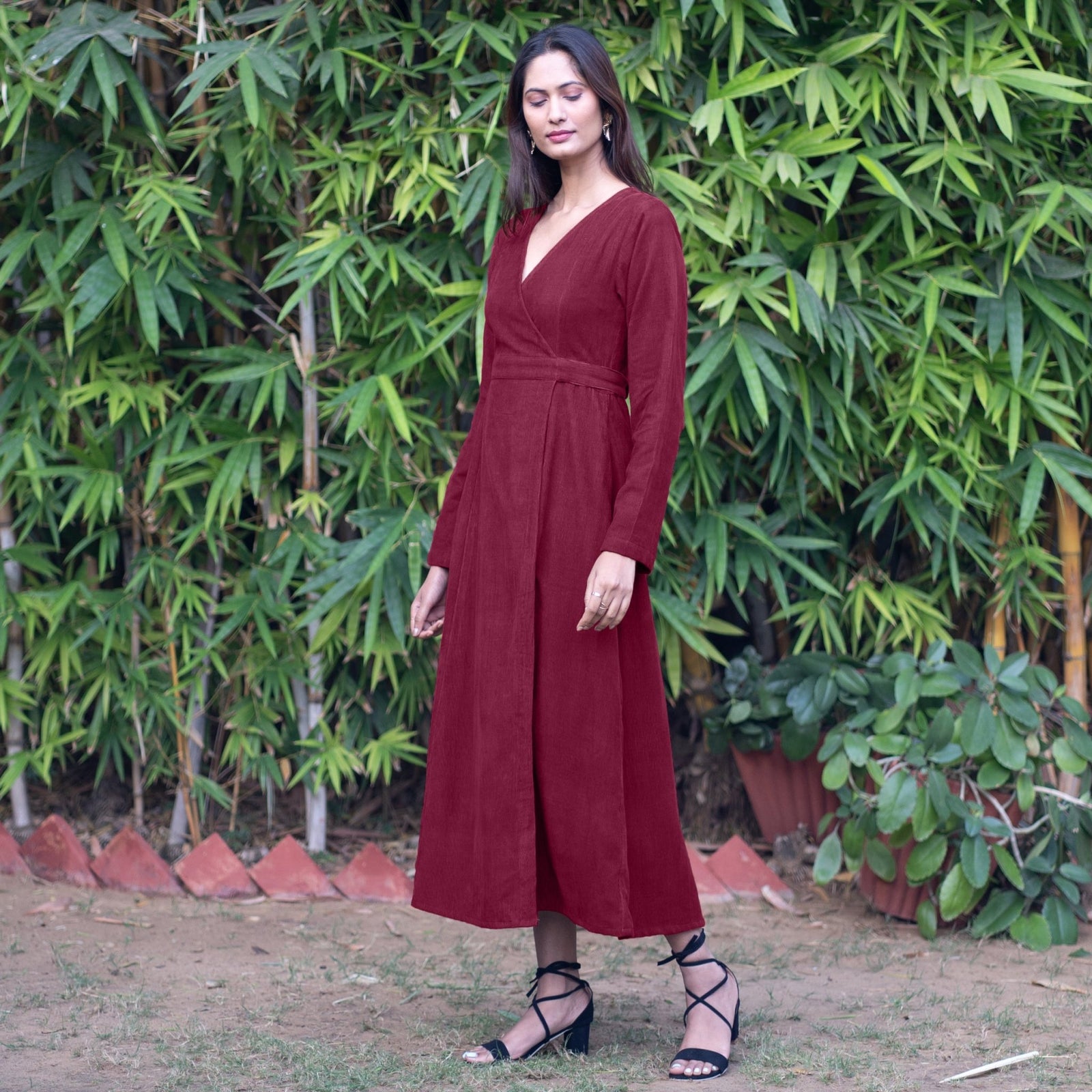 Wine Warm Cotton Corduroy Deep Neck Midi Wrap Dress 64
