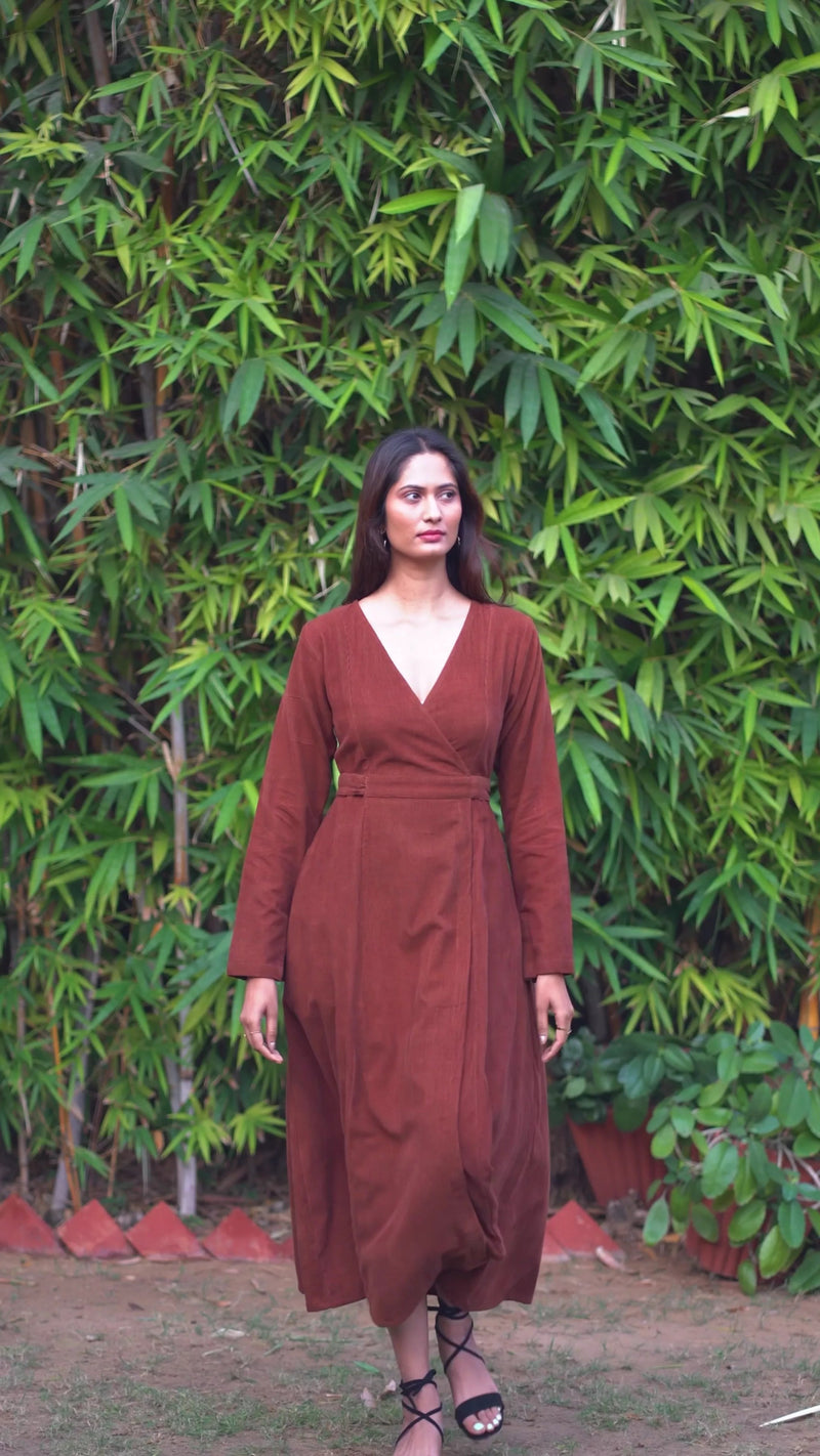 Wine Warm Cotton Corduroy Deep Neck Midi Wrap Dress 64" / Regular (5'2" - 5'6") Wine Warm Cotton Corduroy Deep Neck Midi Wrap Dress 64" / Regular (5'2" - 5'6")