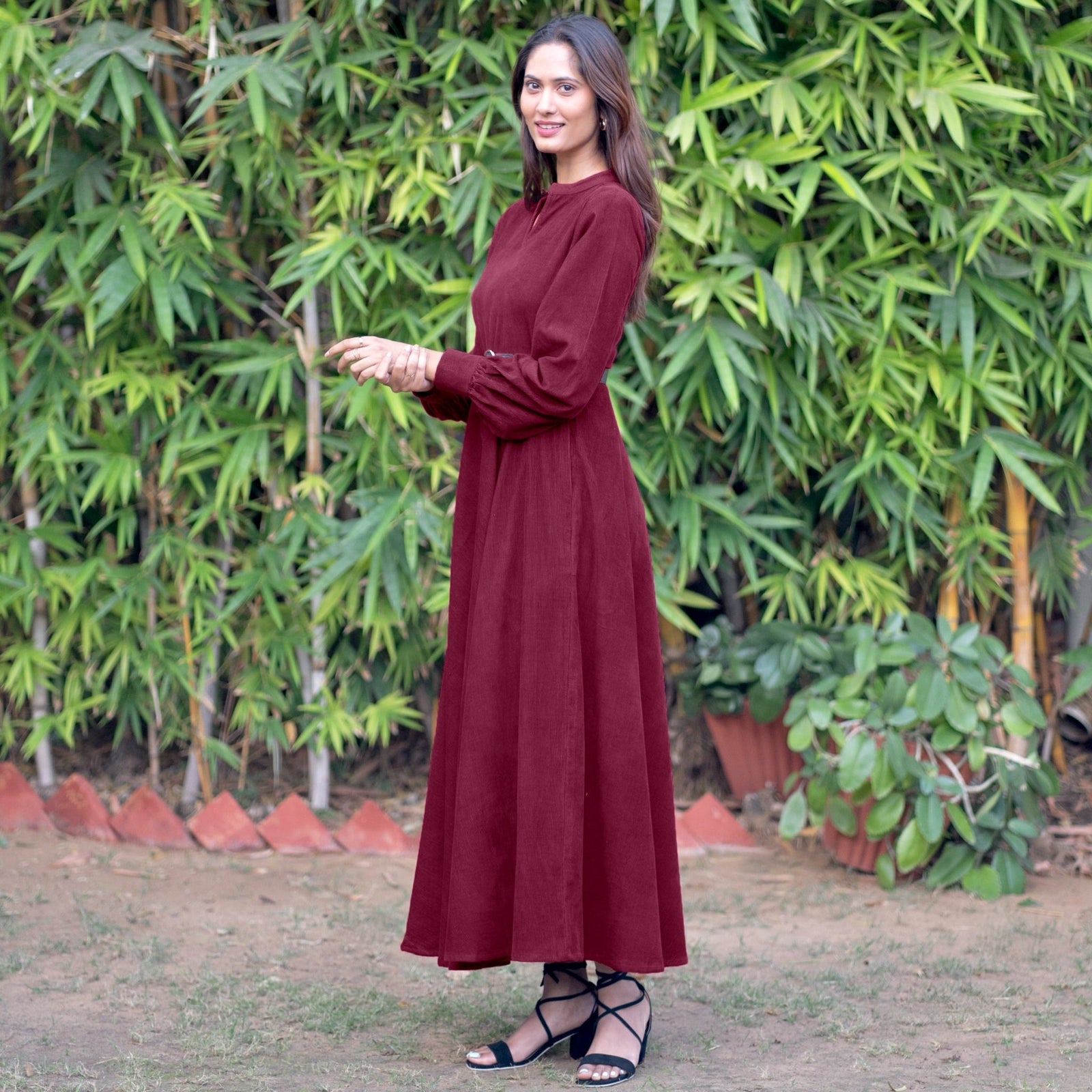 Wine Warm Cotton Corduroy Fit and Flare Maxi Dress 60