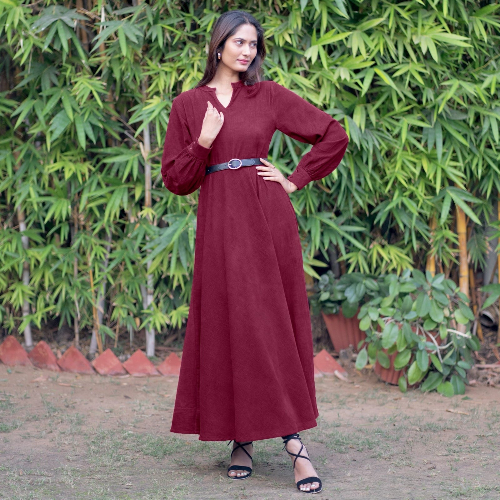 Wine Warm Cotton Corduroy Fit and Flare Maxi Dress 60" / Custom Height (Free) Wine Warm Cotton Corduroy Fit and Flare Maxi Dress 60" / Custom Height (Free)