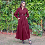 Wine Warm Cotton Corduroy Fit and Flare Maxi Dress