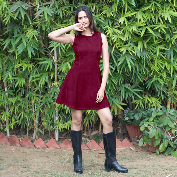 Wine Warm Cotton Corduroy Fit and Flare Sleeveless Short Dress 26" / Petite (5'1" and below) Wine Warm Cotton Corduroy Fit and Flare Sleeveless Short Dress 26" / Petite (5'1" and below)