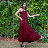 Wine Warm Cotton Corduroy Gathered Maxi Tier Dress