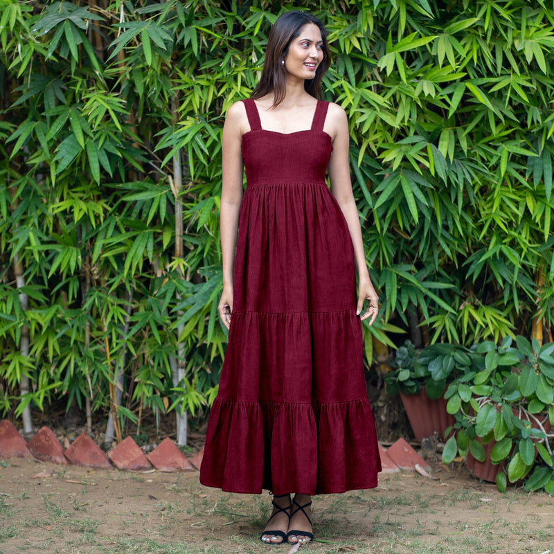 Wine Warm Cotton Corduroy Gathered Maxi Tier Dress