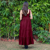 Wine Warm Cotton Corduroy Gathered Maxi Tier Dress