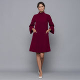 Wine Warm Cotton Corduroy High Neck Short Dress