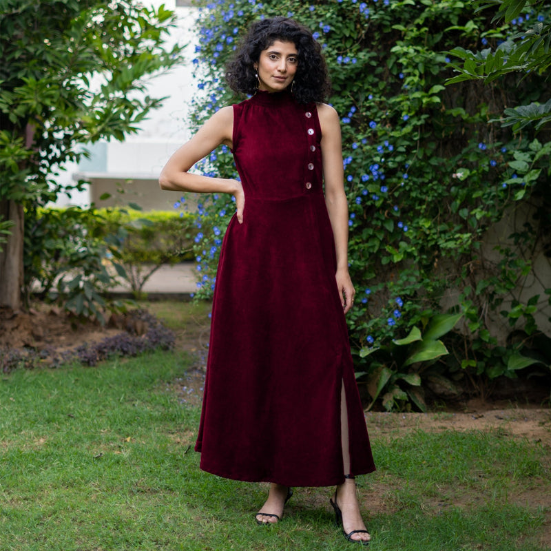 Wine Warm Cotton Corduroy High-Neck Sleeveless Slit Dress 36