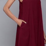 Wine Warm Cotton Corduroy Knee Length Flared Dress