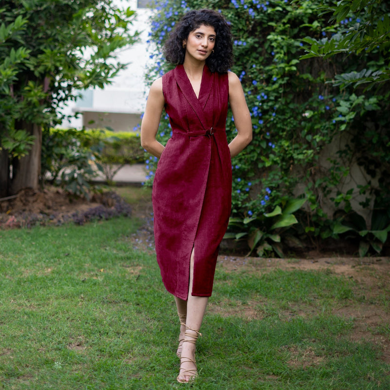 Wine Warm Cotton Corduroy Sleeveless Midi Blazer Dress Custom Size (Free) / Tall (5'7 Wine Warm Cotton Corduroy Sleeveless Midi Blazer Dress Custom Size (Free) / Tall (5'7