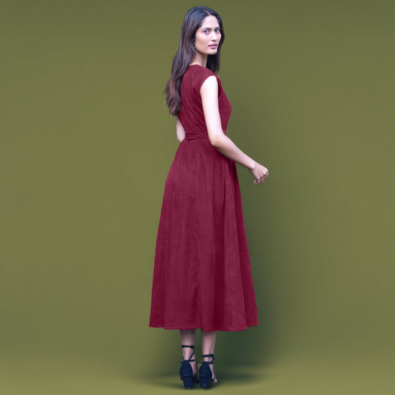 midi cord dress Wine Warm Cotton Corduroy Sleeveless Midi Wrap Dress 68" / Regular (5'2"